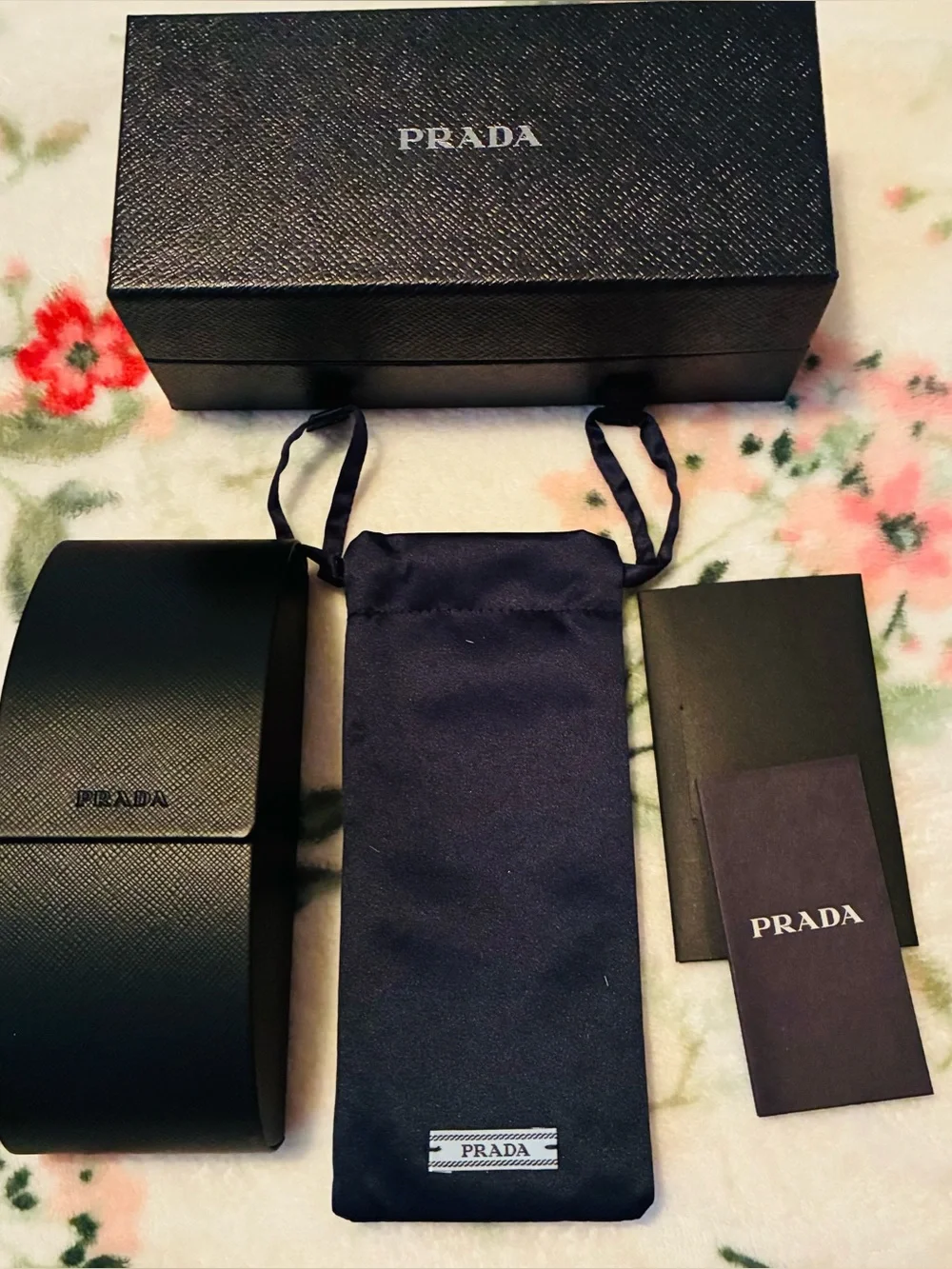 PRADA Black Box with Navy Drawstring Pouch and Accessories